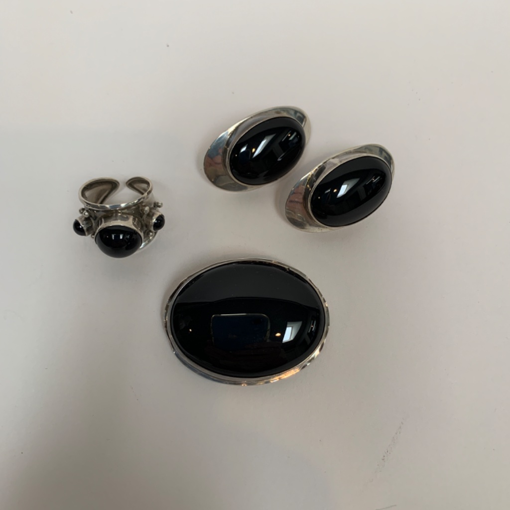 Black Onyx Sterling Silver Earrings, Oval Pin And Ring